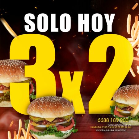 Promocion 3 por 2 hamburguesas clasicas de flash burguer